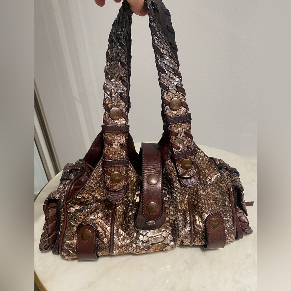 Authentic Chloe Silverado Bag in Metallic Bronze Python and Leather
